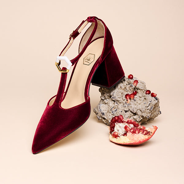 Luxury Italian heels with sculptural block heel and T-strap
