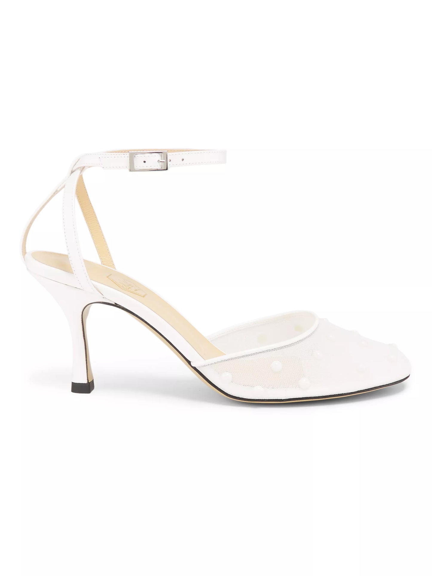 A white mesh slingback heel with crystal details and a buckled ankle strap.